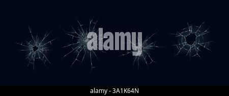 Illustration vectorielle montrant quatre trous de balle réalistes dans une feuille de verre. Les fissures rayonnent de chaque point d'impact créant un appeara brisé Illustration de Vecteur