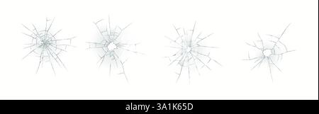Quatre illustrations représentant des textures de verre fissuré réalistes et détaillées sur un fond blanc. Les fissures rayonnent des points d'impact centraux, creat Illustration de Vecteur