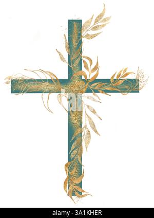Croix aquarelle avec clipart délicats éléments de flore dorée, illustration de croix de pâques, baptême, invitation de mariage Banque D'Images