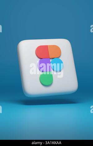 Buenos Aires, Argentine - 4 mars 2025 : logo tridimensionnel de Figma isolé sur fond bleu. illustration 3d. Banque D'Images