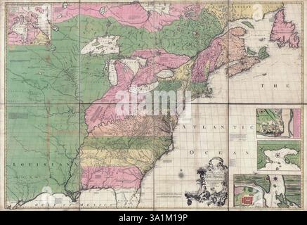 Une carte des dominions britanniques et français en Amérique du Nord, avec les routes, les distances, les limites et l'étendue des colonies, vers 1760 Banque D'Images