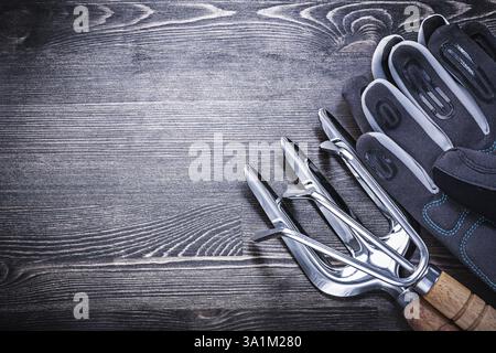 Gants de sécurité de fourche de truelle de râteau sur le concept d'agriculture de planche en bois Banque D'Images