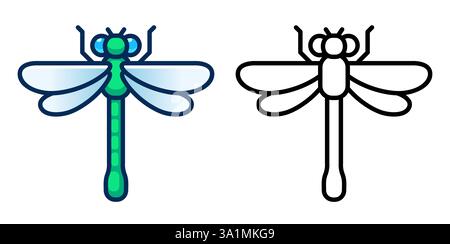 Icône de libellule vectorielle, conception géométrique plate. Illustration clip art de dessin animé simple. Couleur et symbole noir et blanc. Illustration de Vecteur