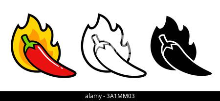 Piment chaud extra avec flamme de feu. Couleur, icône de ligne et silhouette noire. Illustration de clip art vectoriel de dessin animé simple. Illustration de Vecteur