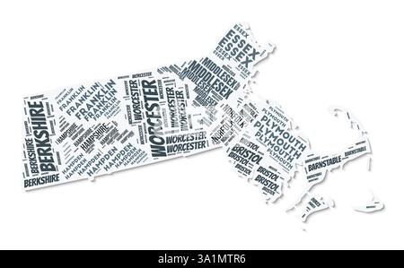 Nuage de texte de forme Massachusetts. Frontière d'état avec ombre sur fond blanc. Massachusetts avec division des comtés dans le style vintage gazette. Illustration de Vecteur