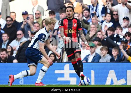 Londres, Royaume-Uni. 09 mars 2025. Tottenham Hotspur Stadium LONDRES, ANGLETERRE - 09 MARS : Justin Kluivert de Bournemouth réagit lors de la première League 2024/25 Matchweek 28 match entre Tottenham Hotspur FC et AFC Bournemouth au Tottenham Hotspur Stadium le 9 mars 2025 à Londres, Angleterre. (David Horton/SPP) crédit : SPP Sport Press photo. /Alamy Live News Banque D'Images
