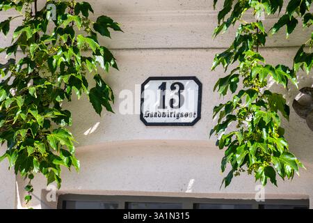 Maison numéro 13 sur la rue Sandwirtgasse à Vienne, entourée de vignes vertes verdoyantes contre un mur blanc par un lumineux après-midi d'été Banque D'Images