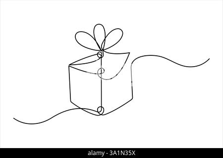 Dessin d'art continu d'une ligne de boîte cadeau présente avec ruban arc dessiné à la main boîte cadeau de voeux. Surprise de Noël Illustration de Vecteur