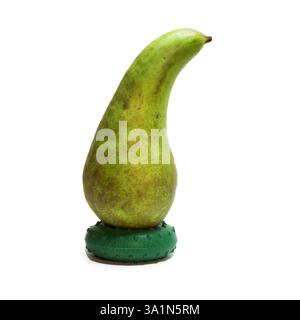 conférence de poire sur la base, magnifiquement courbée, avec tige courte, pelage vert avec beaucoup de taches gris-brun. gros plan. isolé sur fond blanc Banque D'Images