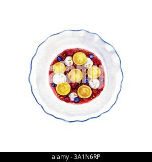 Syrniki en sauce framboise avec crème sure, framboises, bleuets et pignons de pin dans une assiette. Illustration aquarelle du petit déjeuner de cheesecake. Banque D'Images
