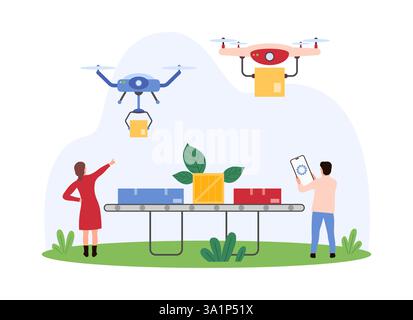 Entrepôt d'usine intelligent, transport et logistique robotisés autonomes, distribution de marchandises. De minuscules personnes travaillent avec des paquets sur la bande transporteuse automatique, les drones transportent des boîtes illustration vectorielle de dessin animé Illustration de Vecteur