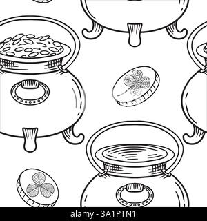 Un motif noir et blanc ludique avec des pots avec des pièces de monnaie et des trèfles, parfait pour des motifs festifs. Graphiques vectoriels en noir et blanc dessinés à la main en dessin au trait pour l'impression sur papier et tissu. Illustration de Vecteur
