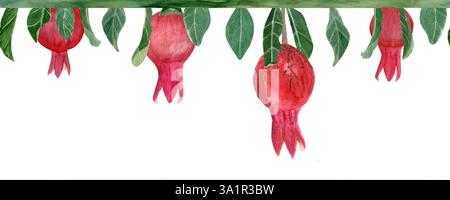 Quatre grenades texturées avec des feuilles aquarelle bordure sans couture isolé sur blanc. Fruits brillants réalistes dessinés à la main parfaits pour la récolte d'automne Banque D'Images