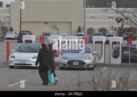 Leominster, Massachusetts, États-Unis. 9 mars 2025. Certaines voitures électriques à une station de charge Tesla dans un parking de centre commercial local à plusieurs kilomètres d'une autre station de charge qui a été délibérément incendiée. (Crédit image : © Kenneth Martin/ZUMA Press Wire) USAGE ÉDITORIAL SEULEMENT! Non destiné à UN USAGE commercial ! Banque D'Images