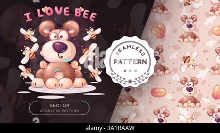 Modèle sans couture personnage de dessin animé adorable ours avec abeille, jolie idée d'animal pour t-shirt d'impression, affiche et enveloppe d'enfants, carte postale. Mignon dessiné à la main Illustration de Vecteur