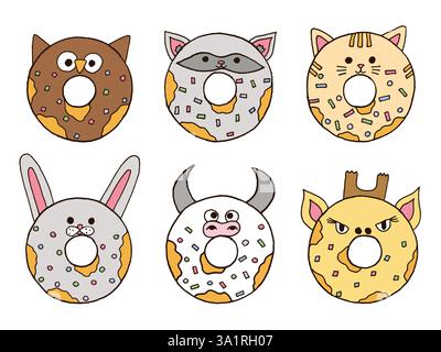 Ensemble d'animaux beignet mignons dessinés à la main Illustration de Vecteur