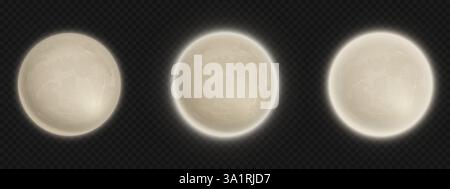 Pleine lune avec lueur réaliste sur fond transparent. Satellite céleste dans différents niveaux de luminosité. Orbes lumineux avec des détails subtils de cratère. Objets astronomiques pour l'illustration du ciel nocturne. Illustration de Vecteur
