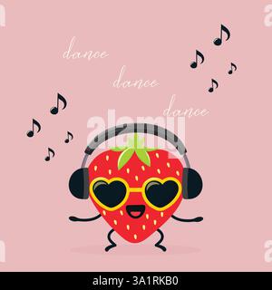 mignonne fraise dans les écouteurs et lunettes de soleil illustration vectorielle plate. Illustration de Vecteur