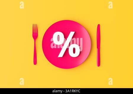 Assiette rose avec couverts et un signe de pourcentage blanc sur fond jaune représentant le concept de rabais ou de pourcentage de profit. rendu 3d. Banque D'Images