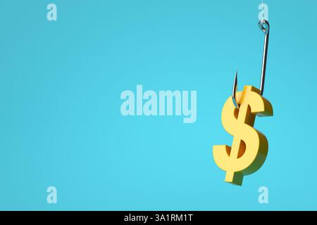 rendu 3d d'un signe de dollar doré pendant d'un hameçon sur un fond bleu vif, symbolisant les risques financiers et les opportunités. Banque D'Images