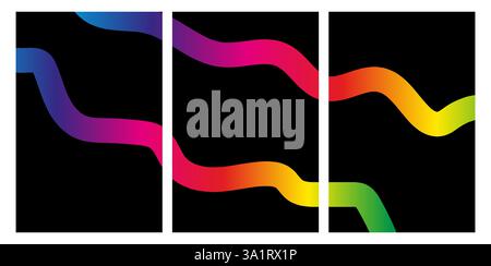 Design triptyque abstrait avec des lignes ondulées dégradées colorées sur fond noir Illustration de Vecteur