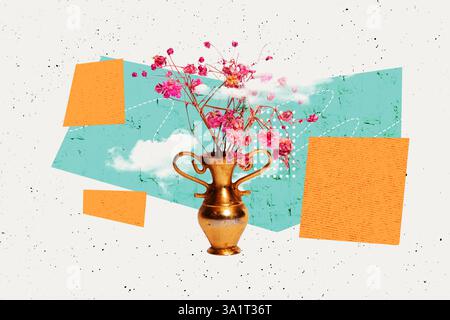 image de collage de tendance d'affiche d'esquisse 3d de vase à l'ancienne décoration de branche de fleur sauvage de printemps bunch saison vacances Banque D'Images