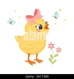 Spring Chick avec Bow et fleurs, jolie illustration de Pâques pour cartes et impressions Illustration de Vecteur
