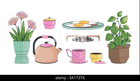 Articles de cuisine confortables dans un ensemble d'objets de dessin animé 2D esthétiques Lo-Fi Illustration de Vecteur