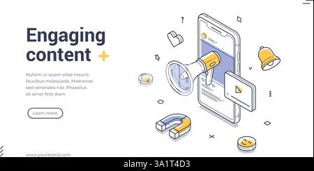 Le modèle de bannière Web présente un design isométrique axé sur le contenu attrayant. Un smartphone est mis en évidence, affichant un haut-parleur et divers attents Illustration de Vecteur