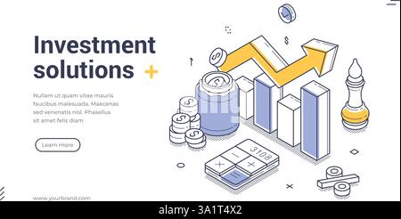 Modèle de bannière Web présentant des solutions d'investissement à travers des illustrations isométriques. Il comporte des graphiques, des pièces de monnaie et une calculatrice, promouvant g financier Illustration de Vecteur