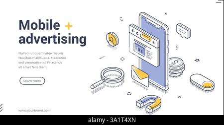 Modèle de bannière Web publicitaire mobile créative qui présente des illustrations isométriques et des lignes séparées Cette conception est idéale pour promouvoir un camp innovant Illustration de Vecteur