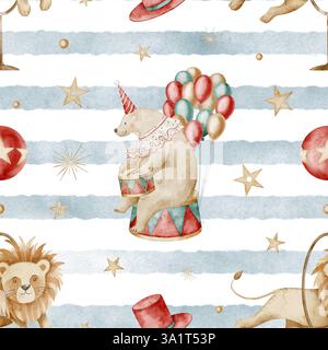 Motif cirque aquarelle avec ours performant et ballons colorés sur fond rayé. Illustration avec des Lions et des étoiles pour papier peint bébé ou papier d'emballage enfantin. Toile de fond pour le carnaval. Banque D'Images