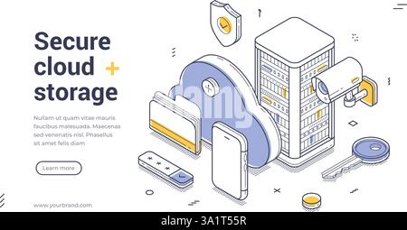 Le modèle de bannière Web illustre les concepts de stockage sécurisé dans le cloud à l'aide d'une conception isométrique. Il dispose d'un cloud, d'un centre de données et d'outils de sécurité à emporter Illustration de Vecteur