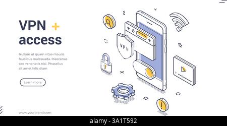 La bannière Web présente un modèle d'accès VPN avec des éléments de conception isométrique comme un smartphone et des icônes de sécurité. Il met l'accent sur la confidentialité numérique Thr Illustration de Vecteur