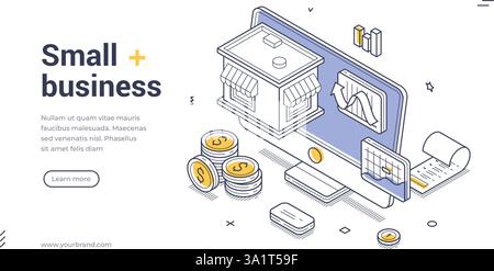 Le modèle de bannière Web présente des éléments de conception isométrique pour présenter les solutions pour petites entreprises. Illustration de Vecteur