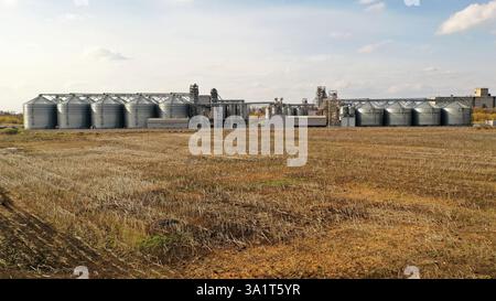 Grands silos à grains métalliques stockant les récoltes dans un vaste paysage agricole, représentant l'agriculture moderne et la production alimentaire Banque D'Images