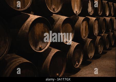 Vieillissement du vin de Porto vintage dans des fûts de chêne traditionnels Banque D'Images