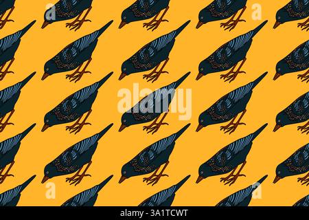 Motif sans couture abstrait botanique avec illustration vectorielle d'oiseaux de jardin. Motif coloré répétitif de dessin animé commun étourson sur fond jaune. GR Illustration de Vecteur