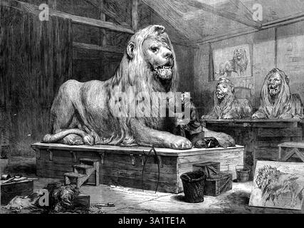 Sir Edwin Landseer modélisant les lions pour Trafalgar-Square, 1873. 'Le noble témoignage de lions...bear de Sir Edwin en tant que sculpteur, par leur style grandiose mais naturaliste, sinon autrement... il s'est principalement adressé à cet amour des animaux et des sports de plein air qui est un trait national; par conséquent, sa popularité était peut-être plus grande avec nous qu'elle ne l'aurait été avec n'importe quelle autre nation... ses animaux avaient souvent une conscience de soi lisse et maîtrisée, comme s'ils avaient été préparés pour un salon inspection...no peintre de la vie animale peut pour un moment être comparé à lui pour inventi intelligent Banque D'Images