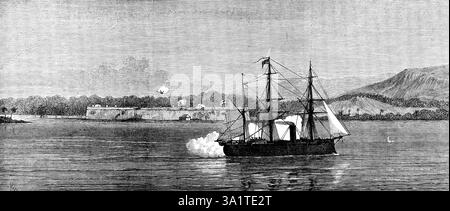 H.M.S. Niobe bombardant le château de San Fernando, Omoa, Honduras espagnol, 1873. Le général Streber avait "...perpétré de graves outrages... en entendant cela, le Niobe...proceeded à la scène de l'action... le château d'Omoa est une énorme fortification casematée sur la plage de la mer, construite autrefois pour protéger les intérêts espagnols des boucaniers... les parapets montent douze ou quatorze canons, la plupart d'entre eux des munitions très anciennes. Il y avait 300 à 400 soldats [dans] ce qui était considéré comme la forteresse imprenable sur la côte. Toutes les ouvertures pacifiques étant sommairement rejetées, le général Streber pointa ses canons sur le navire, tr Banque D'Images