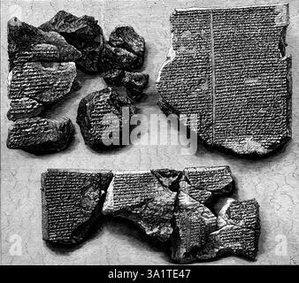 Pierre inscrite, donnant un compte rendu du Déluge, 1873. George Smith du British Museum a présenté des tablettes d'argile chaldéenne de Ninive, '...contenant un récit du déluge qui... ressemble à celui du Livre de la Genèse. [Ils datent de] le règne d'Assurbanipal, roi d'Assyrie vers b.c. 668... l'inscription a été déchiffrée et traduite... un roi nommé Izdubar... ayant été affligé de maladie, va visiter un sage célèbre appelé Sisit... ce philosophe, au lieu de lui donner des médicaments, lui parle du déluge. Sisit déclare qu'à lui, comme à Noé, les dieux ont révélé befo Banque D'Images