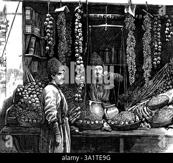 The Nations of Western Asia : Armenian fruitseller, 1873. Gravure à partir d'une photographie de M. Levites. « Les rives orientales de la Caspienne, comme nous l'avons remarqué, bien que considérées comme situées en Europe, ont l'aspect de zones frontalières, de l'Oural à travers la Volga à la Circassie et au Daghestan ; tandis que la Géorgie, séparée de ceux-ci par la chaîne de montagnes du Caucase, et aussi l'Arménie, la province adjacente de l'Empire du Sultan, participent de la même manière des caractères européens et asiatiques, bien que ceux-ci ne sont pas facilement définis. Le voyageur qui devrait passer par la Roumanie, en bas du Dan inférieur Banque D'Images
