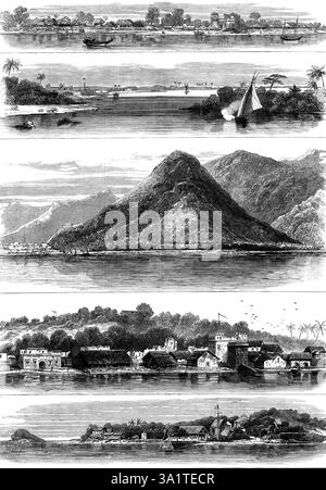 La traite des esclaves en Afrique de l'est : 1. Quiloa, Kiswane. 2. Dar-es-Salaam. 3. Johanna. 4, Majonga ; 5. Mayotte, 1873. 'Dar-es-Salaam est sur le continent africain, au sud-ouest de l'île de Zanzibar... la ville, qui contient un grand palais et plusieurs maisons de maçonnerie substantielle, est située sur un terrain élevé surplombant une baie spacieuse enclavée, avec un excellent ancrage... du groupe d'îles qui se trouvent au nord de Madagascar, Johanna est la plus belle. Sa formation est celle de deux crêtes montagneuses très hautes, entrecoupées par des vallées, dont les flancs... s'inclinent doucement vers l'océan à thei Banque D'Images