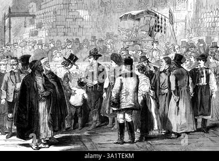 Exposition de Vienne : regard sur le modèle de Jérusalem, 1873. 'Une illustration de cette semaine, tirée d'un croquis de notre correspondant spécial à l'exposition, montre les costumes hétérogènes des spectateurs, appartenant à différentes Nations, orientales et occidentales, qui regardent un modèle de la ville et du temple de Jérusalem dans la section Empire turc. Les Juifs, les Grecs et les Mahomet, avec le peuple hongrois, les Serviens, les Bosniaques et les Croates, qui habitent dans les provinces frontalières des dominions turc et autrichien, semblent voir cet objet avec un sentiment commun de curiosité, dérivé de moi Banque D'Images
