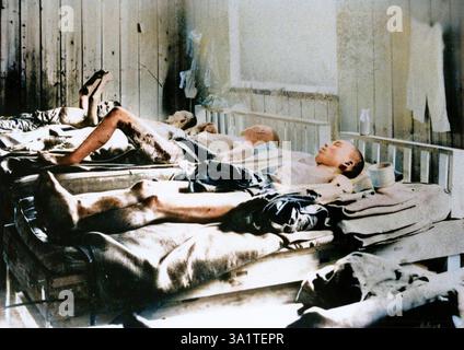 Survivants de l'explosion de la bombe atomique à Hiroshima, Japon, 1945. Lits occupés par des blessés subissant les effets des radiations. Le 6 août 1945, un bombardier B-29 de l'United States Air Force, nommé « Enola Gay », lâche la première bombe atomique sur la ville d'Hiroshima. Quelque 80 000 personnes ont été tuées immédiatement et 60 000 autres sont décédées plus tard du mal des radiations et d'autres séquelles. (Impression colorée en noir et blanc). Banque D'Images