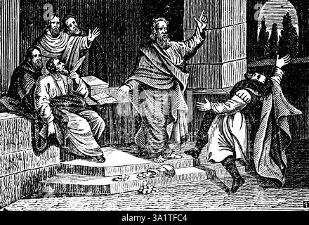 Hananias et Sapphira sont punis de mort, le riche Hananias tombe à terre et meurt, argent, bourse, pièces de monnaie, vol, nouveau Testament, actes de Luc Banque D'Images