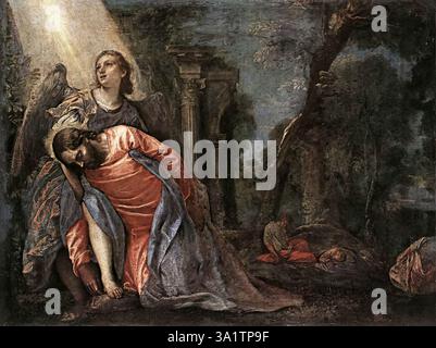 VERONESE, Paolo (né en 1528, Vérone, décédé en 1588, Venise) Christ dans le jardin soutenu par un Ange c. 1580 huile sur toile, 80 x 108 cm Pinacothèque di Brera, Milan la peinture est extraite de l'église de S. Maria Maggiore à Venise. Une variante de paternité incertaine se trouve au Palazzo Ducale de Venise. La peinture est très raffinée dans l'exécution. Ses aspects inventifs nouveaux et rares sont musicalement rendus par la qualité fraîche et rosée de la peinture. Alors que les caractéristiques archéologiques de l'arrière-plan préfigurent puissamment l'atmosphère de plomb des ruines de Guardi, la lumière mystique se déversant dans le Banque D'Images