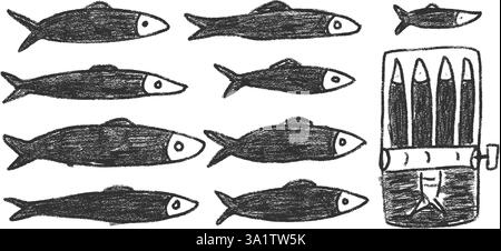 Ensemble de doodle de sardines charbon de bois. Poisson en conserve gribouillage dessiné à la main. Conserves de poissons. Ouvrez le moule à sardine. Vecteur conserver manger illustration par crayon isolé sur Illustration de Vecteur