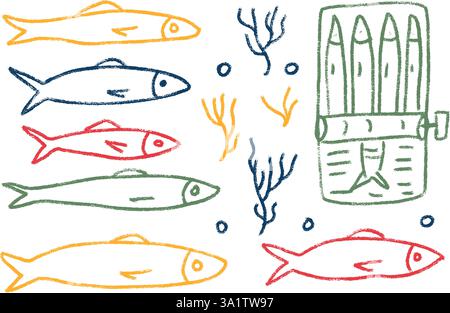 Ensemble de griffonnages de ligne de sardines. Poisson en conserve gribouillage dessiné à la main. conserves de poissons. Ouvrez le moule à sardine. Vecteur conserver manger illustration crayon coloré isolé Illustration de Vecteur