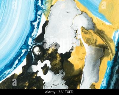 Peinture bleue et or d'art abstrait, fond peint à la main créatif, texture de marbre, peinture acrylique, illustration liquide, océan abstrait. Moderne Banque D'Images